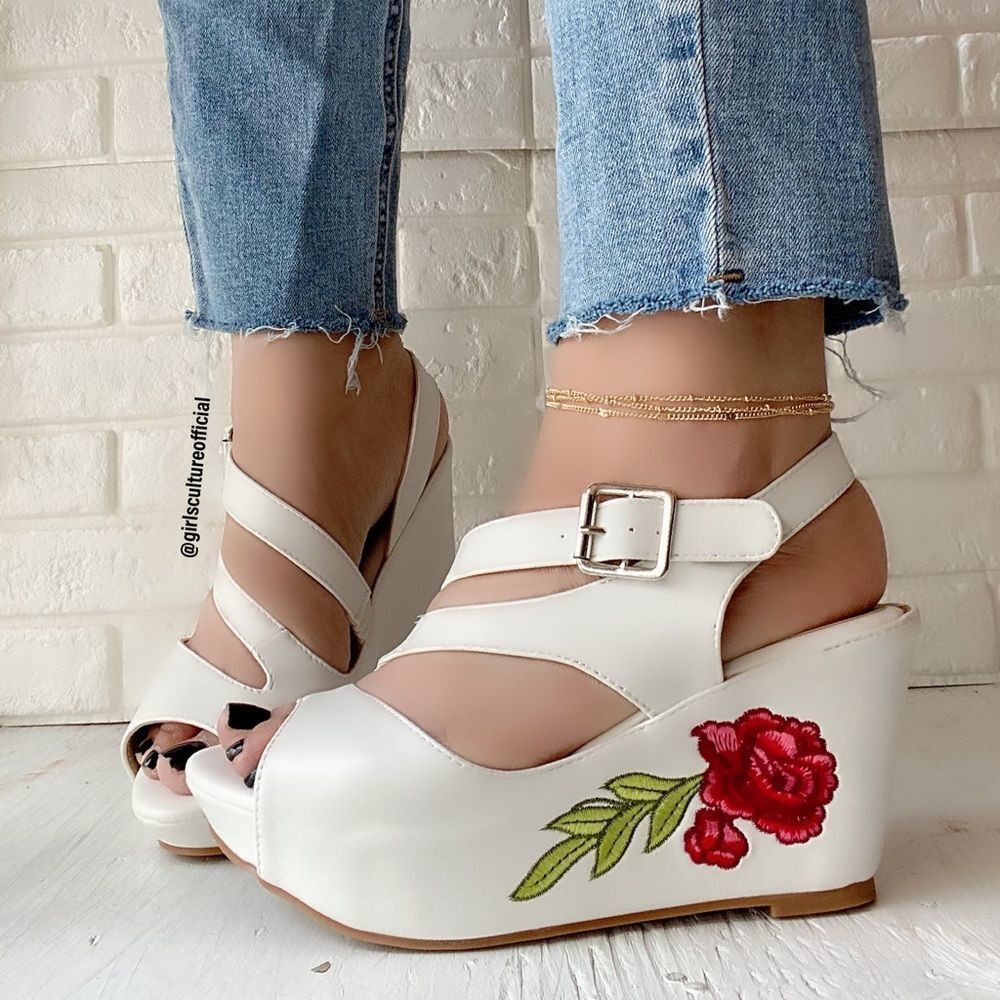 White Strappy Platform Rose Wedge